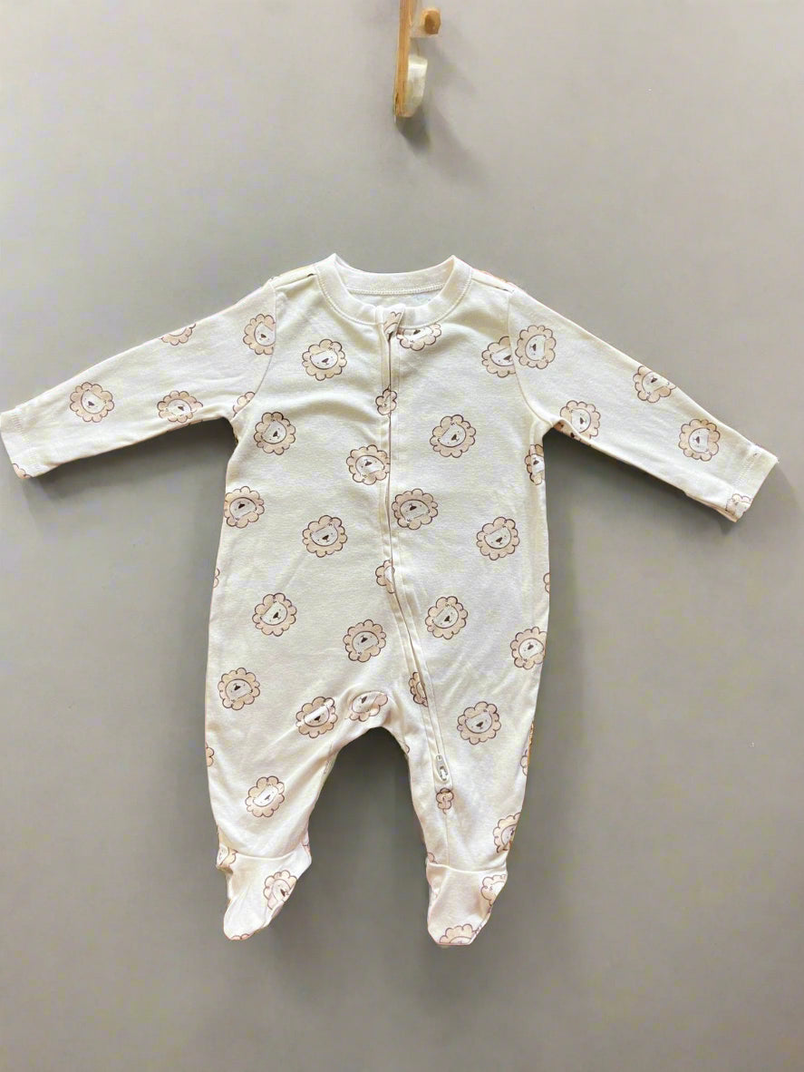 Premium Cotton Adorable Lion Print Sleepsuit - Off White