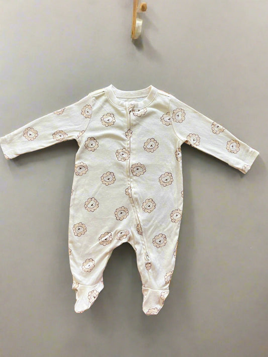 Premium Cotton Adorable Lion Print Sleepsuit - Off White